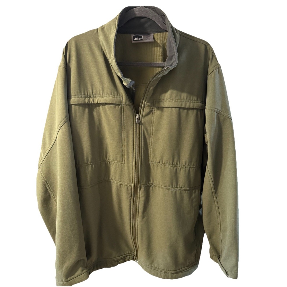 REI Co-op Men Softshell Waterproof Jacket Size XXL Khaki Green Zip Up Corded